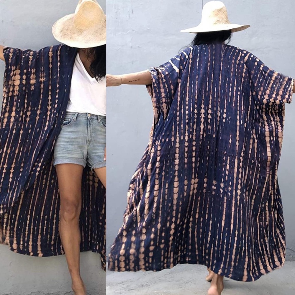 Blue & Peach Long Wrap Dress Kimono - Picture 7 of 11